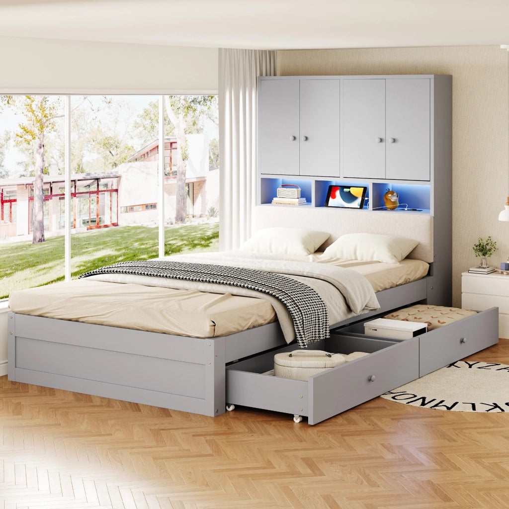 Letto singolo per bambini 90x200 cm con testiera imbottita; vani; LED; presa elettrica; cassetto e rete; legno grigio