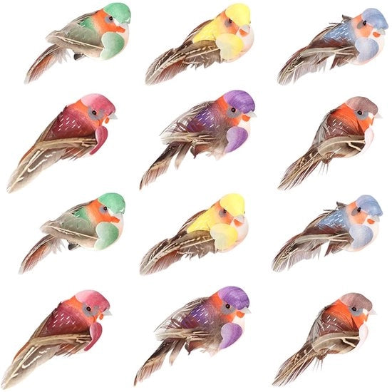 Decorazioni per uccelli realistici - 12 pezzi - Uccelli decorativi per casa e giardino - Ornamenti da clip - Realistici uccelli muschi - Materiali di alta qualità schiuma - Uccelli decorativi