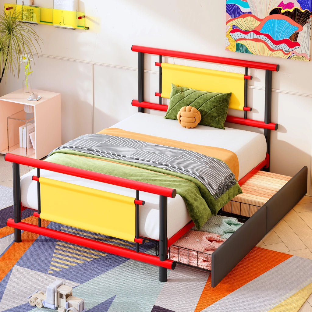 Letto con cassetti 90 × 200 cm piattaforma in metallo rosso con 11 doghe struttura in acciaio