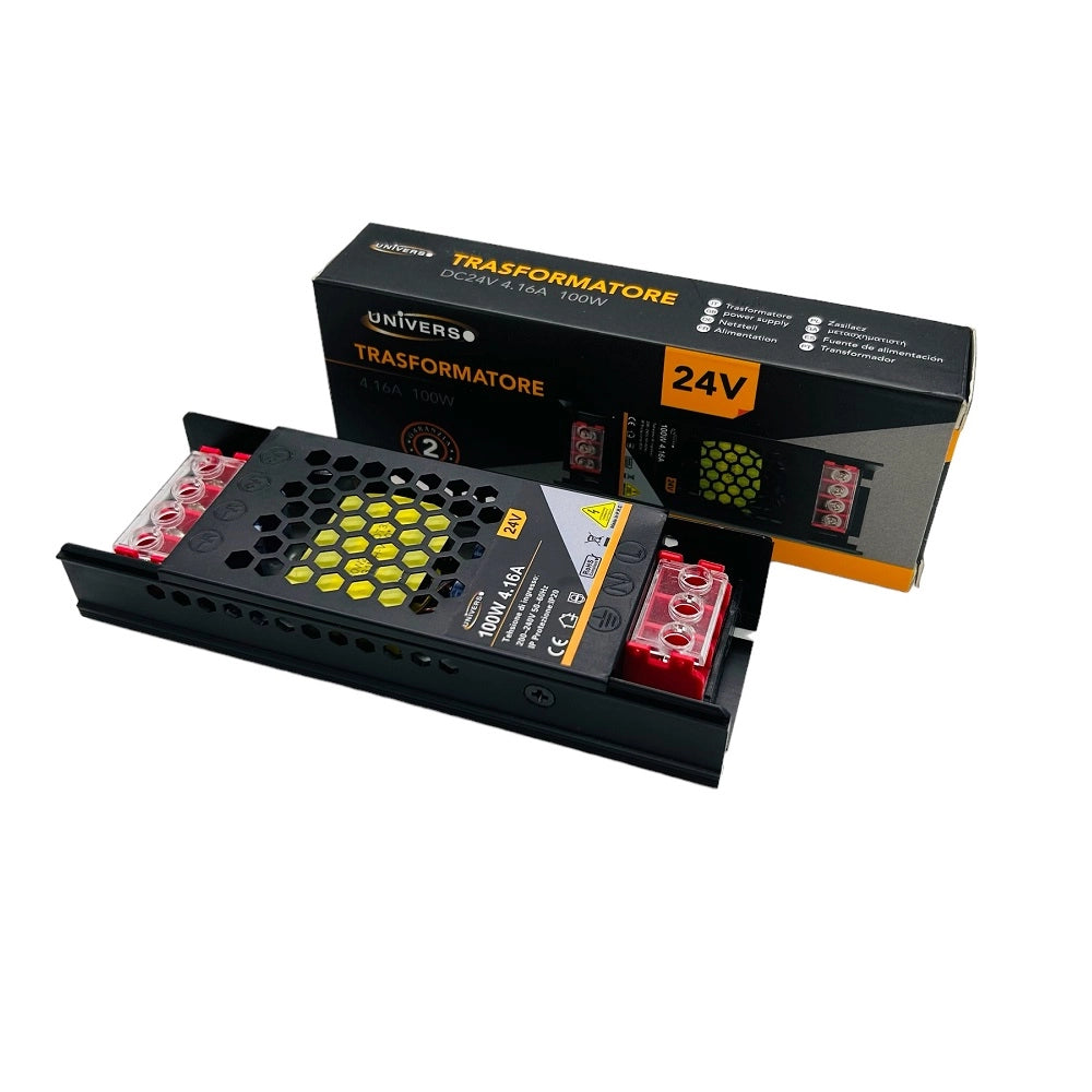 Alimentatore trasformatore slim 24V 4.16A 100W colore nero AC 180V - 240V per lampadine strisce led telecamere