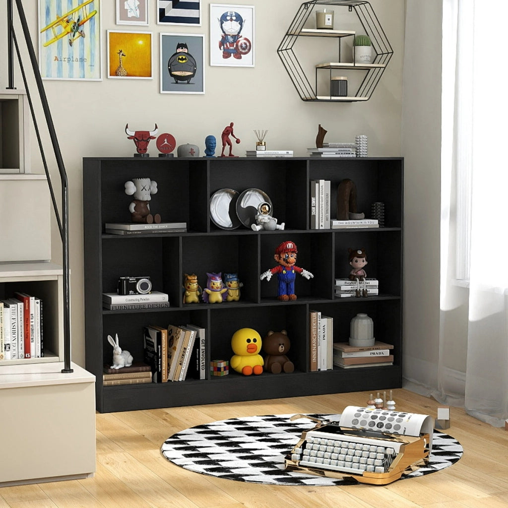 Libreria a 10 cubi con 2 kit anti-ribaltamento, Organizzatore di stoccaggio a 3 ripiani in legno alto 140cm Nero-Librerie