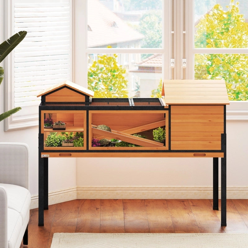 Casa per tartarughe, recinto per piccoli animali, 2 stanze, 2 piani, finestre, rampe, accessori, legno, acciaio, giallo