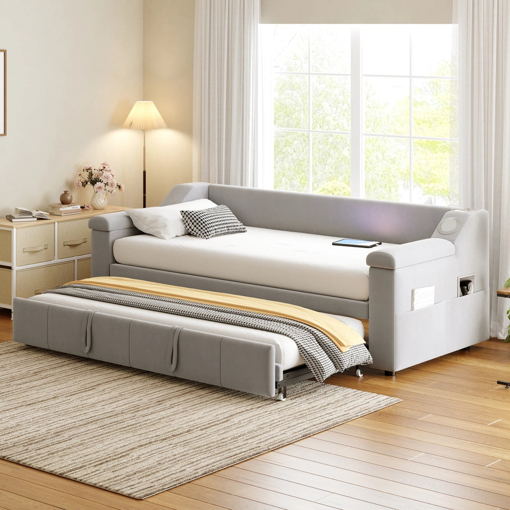 LETTO SOFA 90/190 cm Grigio in velluto con armlehnen Bluetooth, USB e ripiani