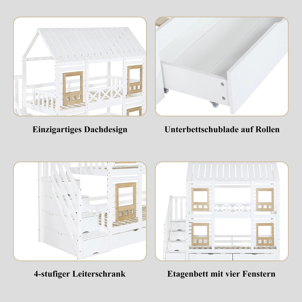 OKWISH Letto a Castello 90×200 cm, Letto Singolo con Finestre, 2 Cassetti, Scala con 4 Vani e Spondine, senza Materasso