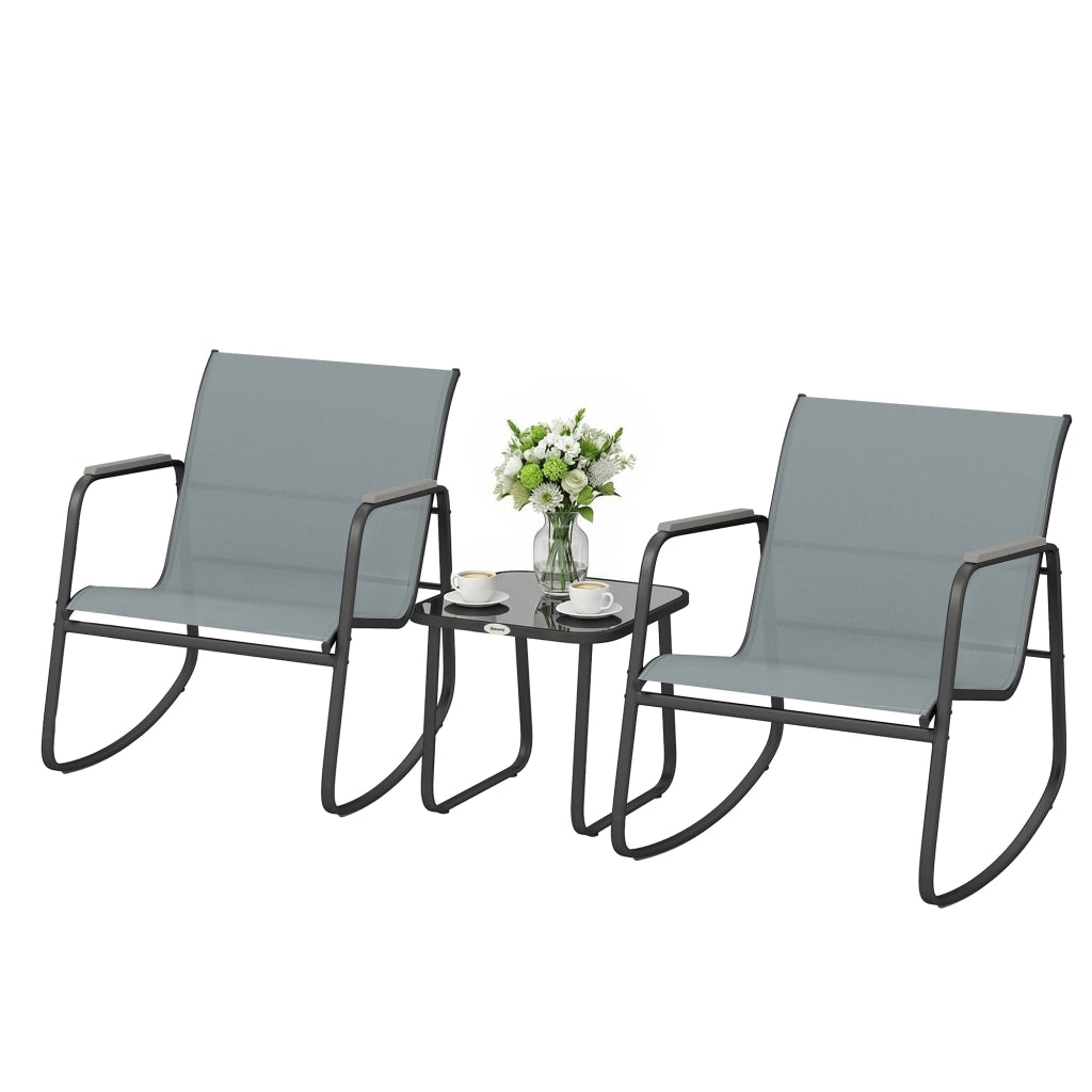 Set Giardino 3 Pezzi con 2 Sedie a Dondolo e Tavolino ¨C Xylo ¨C Piano Vetro Struttura Acciaio Grigio
