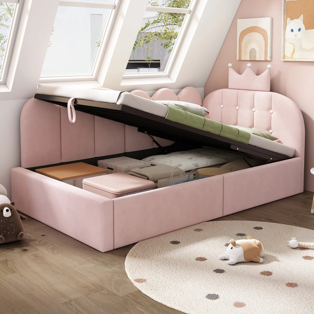 Letto imbottito a giorno - Zephmum-90x200 cm-Rosa-Design griglia corona con stoccaggio idraulico