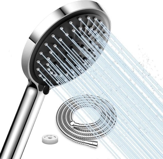 Douchekop in acciaio inox con tubo di gomma premium flessibile in acciaio inossidabile, regolatore di flusso e filtro auto-pulente - materiale ABS