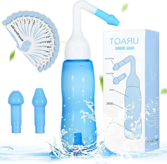 Kit di pulizia nasale 240 ml con 40 pacchetti di sale nasale - Idratazione nasale con pressione per adulti e bambini - Dispositivo per la decongestione del seno (240ml blu)
