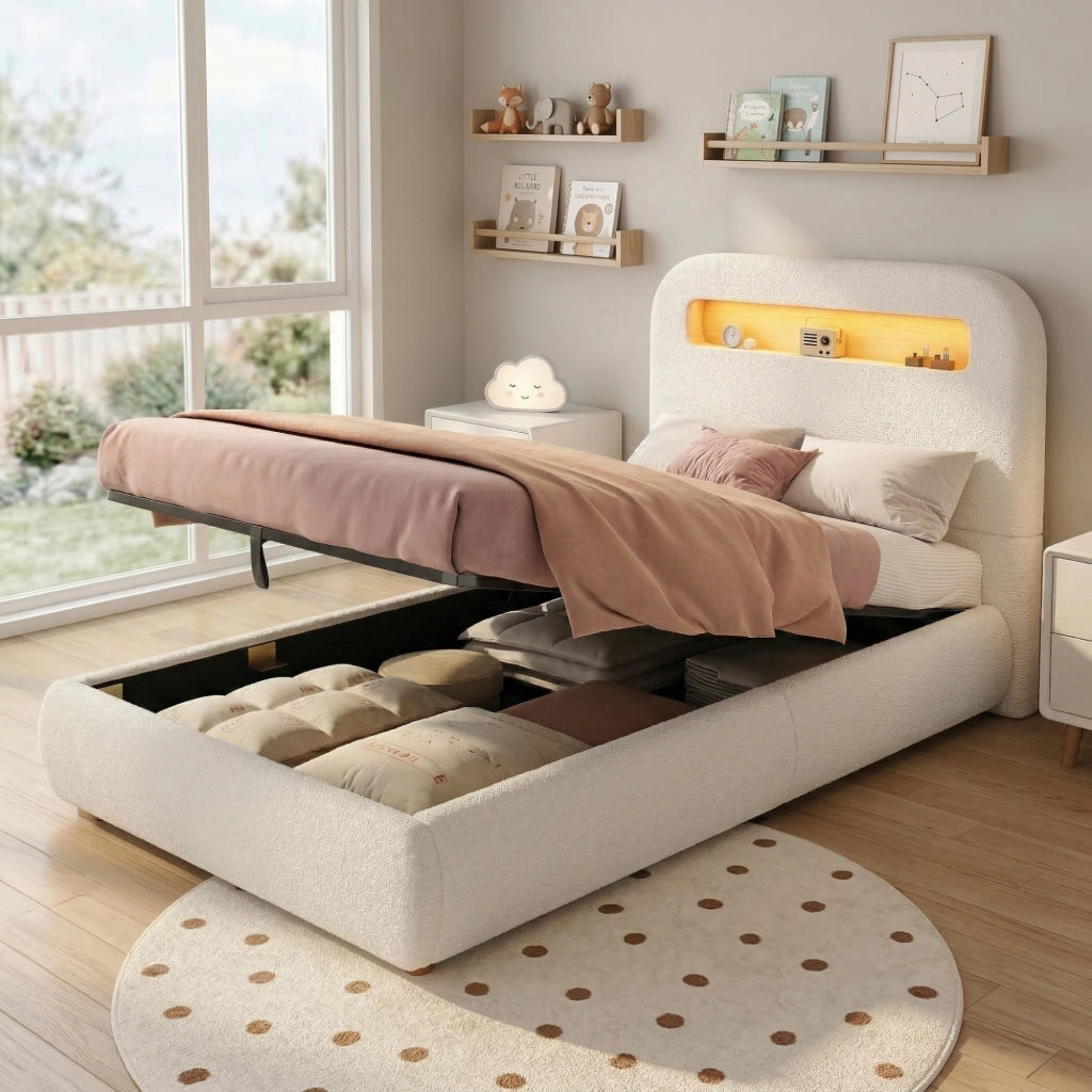 DESMIU Letto bambino 90 × 200 cm con contenitore idraulico, LED, senza materasso, in bouclé bianco