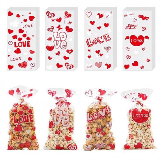 Confezioni in organza trasparente con cuori - 40 pezzi - 13 x 27 cm - confezioni per regali - confezioni per dolci - materiale duraturo