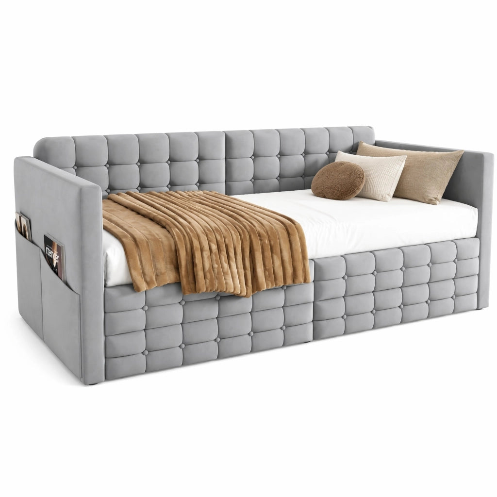 Letto con cassetti 90×190 cm; letto singolo con 2 cassetti; tasche laterali e senza materasso; in velluto grigio chiaro