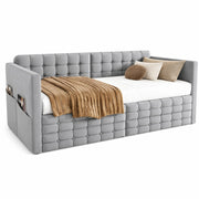 Letto con cassetti 90×190 cm; letto singolo con 2 cassetti; tasche laterali e senza materasso; in velluto grigio chiaro