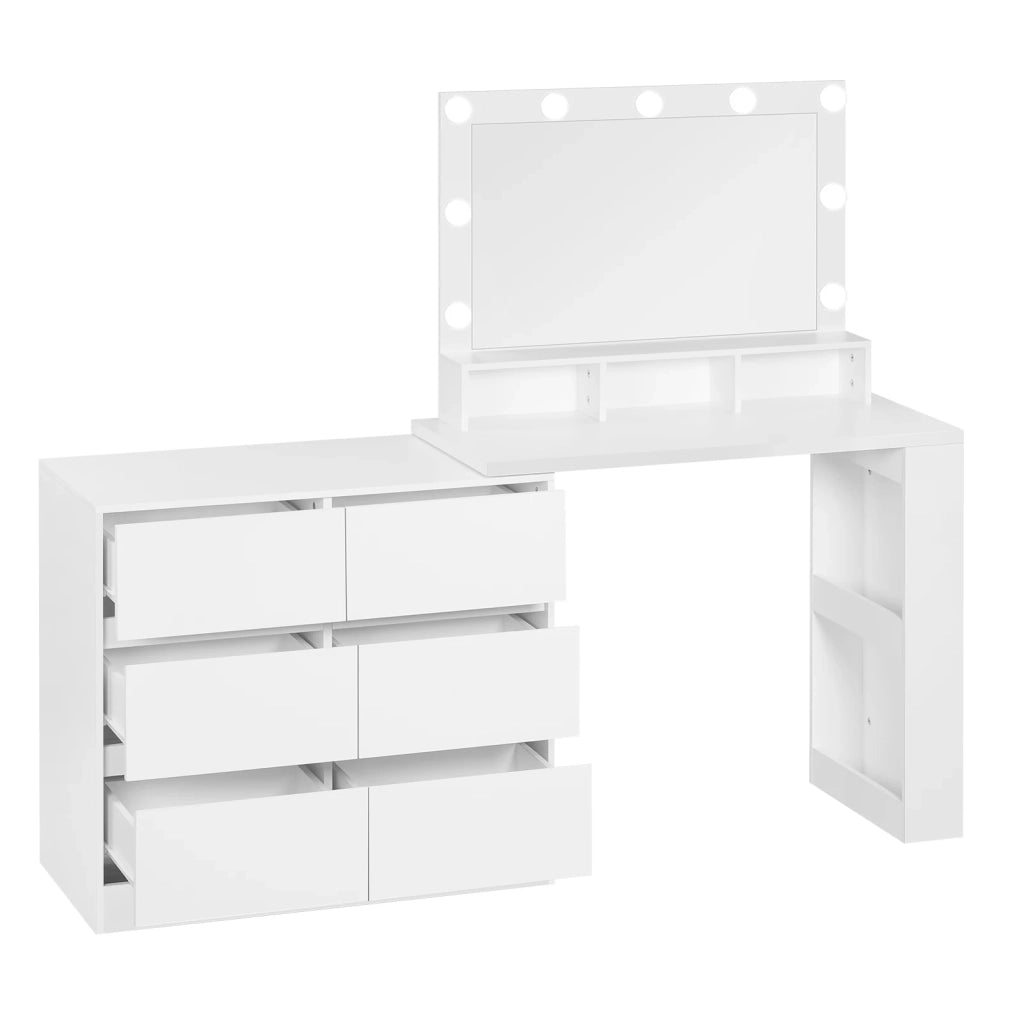 Toeletta 2 in 1 con specchio LED e mobile laterale con 6 cassetti bianca per camera da letto e trucco quotidiano