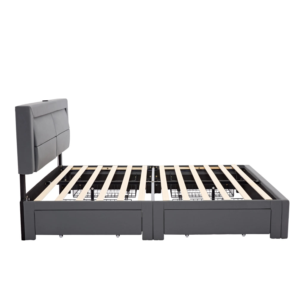 LETTO imbottito 140x190 cm in PU grigio con USB, LED e 4 cassetti