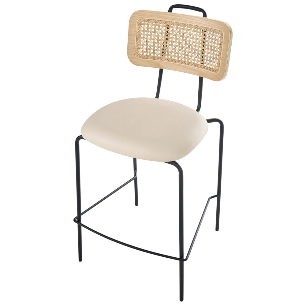 Set di 2 sedie da bar con seduta in ecopelle beige chiaro schienale in rattan gambe in ferro senza braccioli design boho moderno