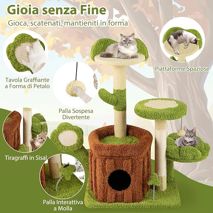 Albero per Gatti, Albero Tiragraffi per Gatto con Condominio Tronco, Trespolo a Fiore, Letto Imbottito, Pompom, Giocattolo a Molla e Piattaforme, Tiragraffi per Gatti da Interno