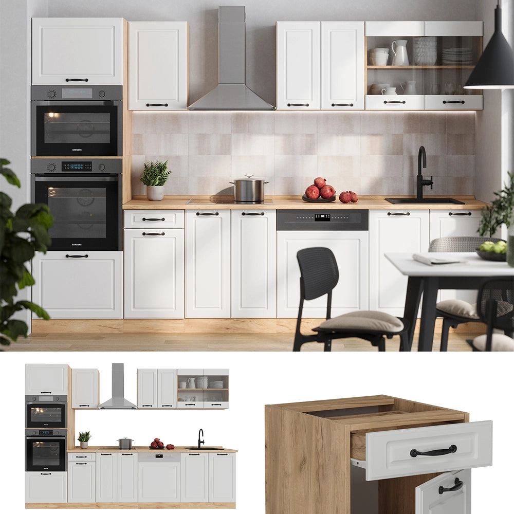 Cucina componibile R-Line Bianco rustico/Rovere dorato 300 cm con armadio alto, PL Rovere Vicco
