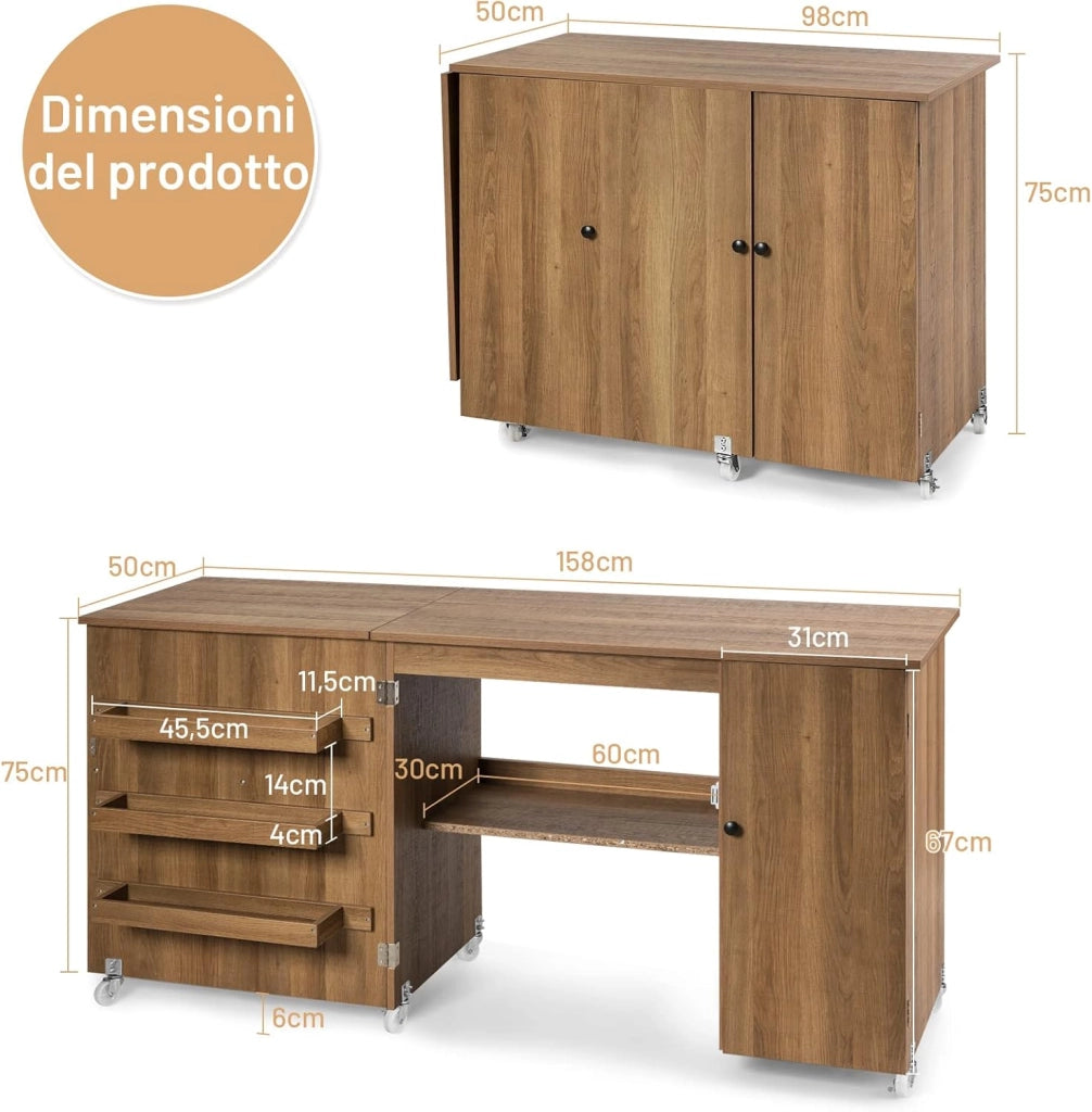 Tavolo Pieghevole da Cucito, Tavolo Versatile a Ribalta con Superficie Ampia, Scrivania per Computer con Ruote Bloccabili, Ideale per Salone Camera da Letto Studio (Naturale)