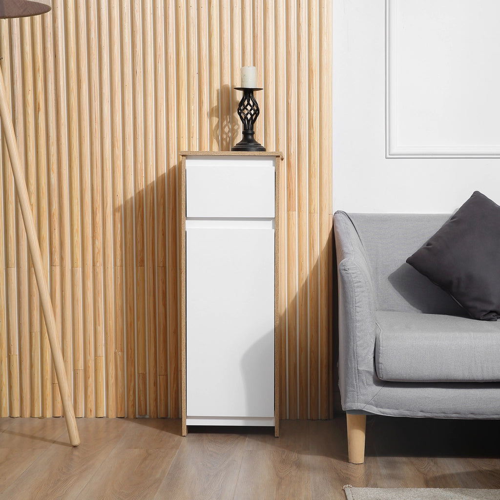 Armadietto Bagno con Cassetto e Anta ¨C Zephmum ¨C 32.6x30x90 cm Bianco e Naturale