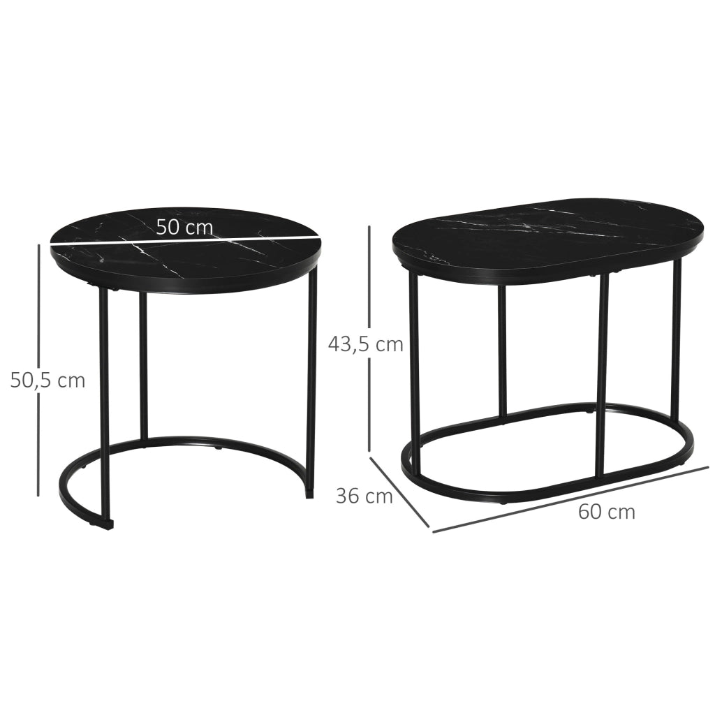 Set 2 tavolini da caff¨¨ ovali e rotondi, stapelbar, effetto marmo ¨C zephmum ¨C nero, MDF, metallo, ?50x50.5H