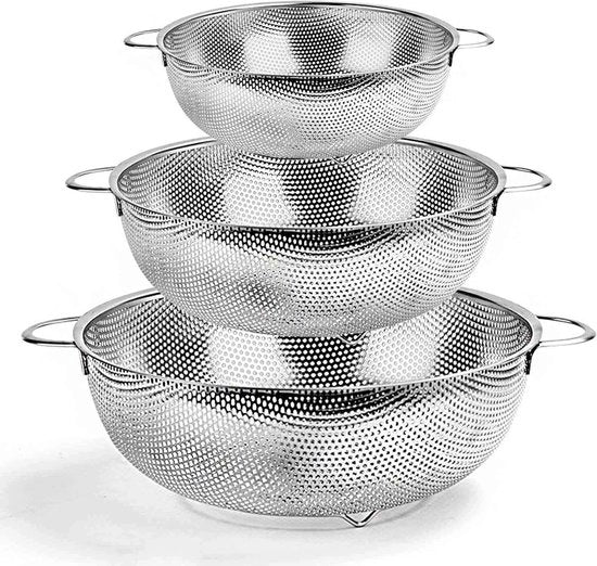 Set a 3 pezzi di setole per colatura di cibo in acciaio inossidabile microforato - set per colatura di pasta, frutta e riso - set di maniglie per colatura di cibo - finitura alta e lucida, igienica