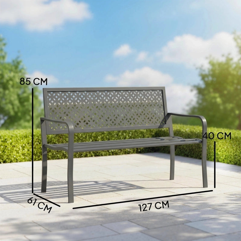 Panchina da giardino in metallo a 2 posti, resistente alle intemperie, con schienale antiruggine, design geometrico, supporta fino a 240 kg.