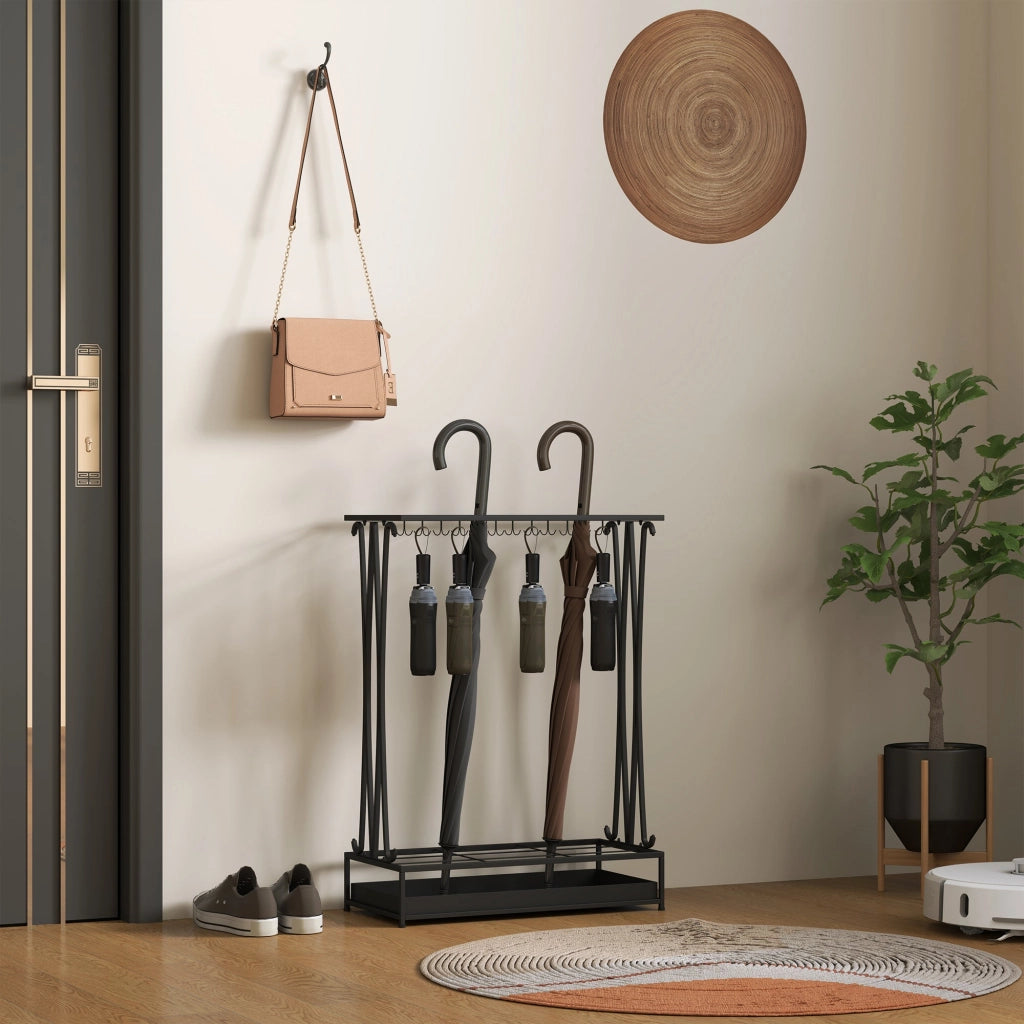 Portaombrelli 50x24x68 cm con Vaschetta per l'Acqua 21 Fori e 24 Ganci in Acciaio Nero