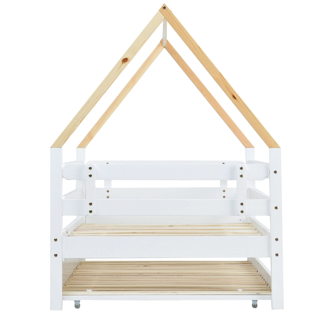 Letto a casetta bambino 90×200 cm con letto estraibile; sponde di sicurezza; senza materasso; in legno massello; bianco e naturale
