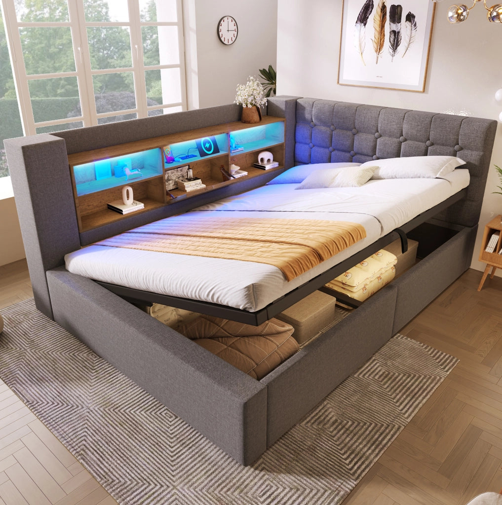 Letto imbottito 140x190 cm con LED, contenitore idraulico e testiera L reversibile