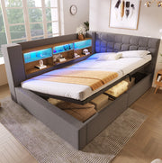 Letto imbottito 140x190 cm con LED, contenitore idraulico e testiera L reversibile