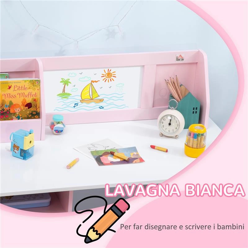 SET TAVOLO E SEDIE PER BAMBINI 5+ ANNI IN LEGNO CON BANCO SCUOLA 90X45X85 CM E SEDIA 29X29X66 BIANCO E ROSA