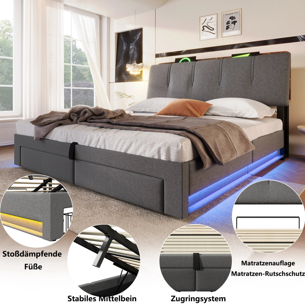 LETTO Contenitore 140x200 cm Grigio in lino con USB e Type-C