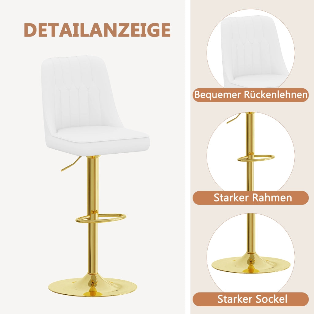 Set di 2 sgabelli da bar girevoli regolabili in altezza con schienale e poggiapiedi in similpelle bianco e oro