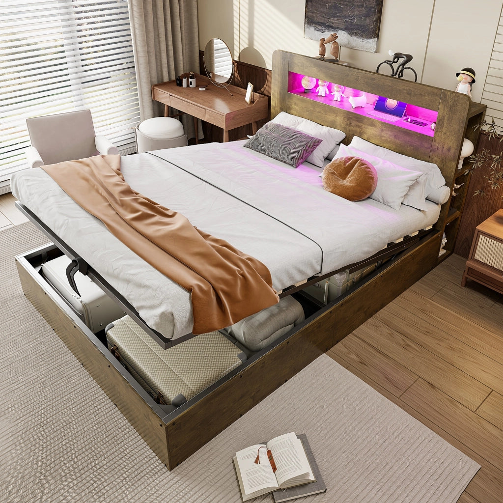 Letto in legno 140x200 cm, con contenitore e ripiani, illuminazione a LED, presa di ricarica, stile retro, marrone