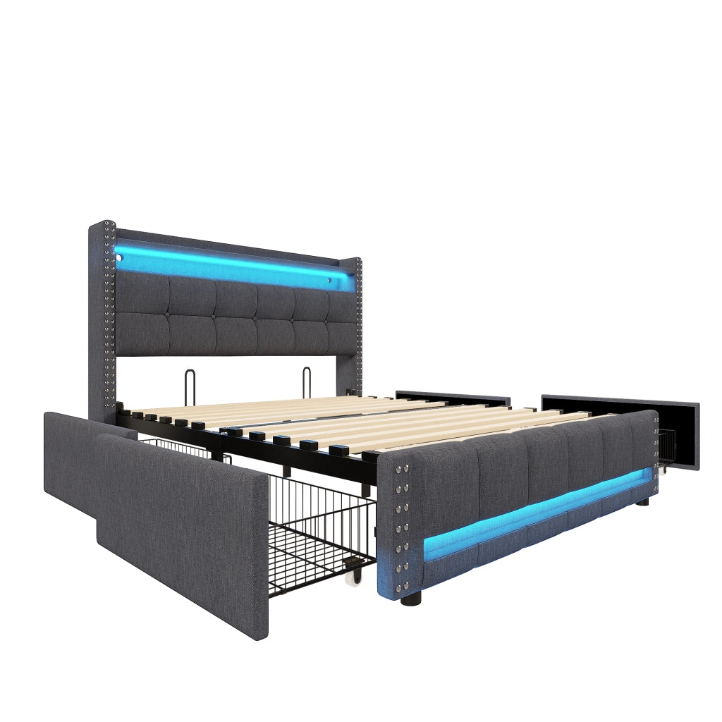 LETTO Imbottito matrimoniale 140x200 cm grigio con LED, USB e cassetti
