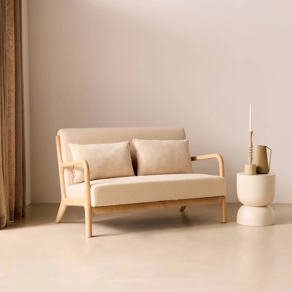 Panca stile scandinavo in legno e tessuto, 2 posti, beige