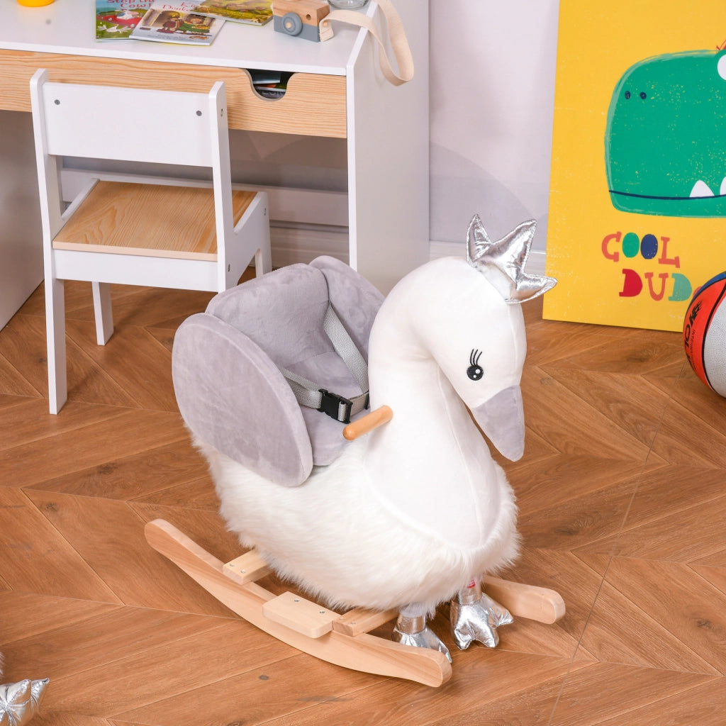 Cigno a Dondolo per Bambini ¨C zephmum ¨C Bianco e Grigio in Legno e Peluche