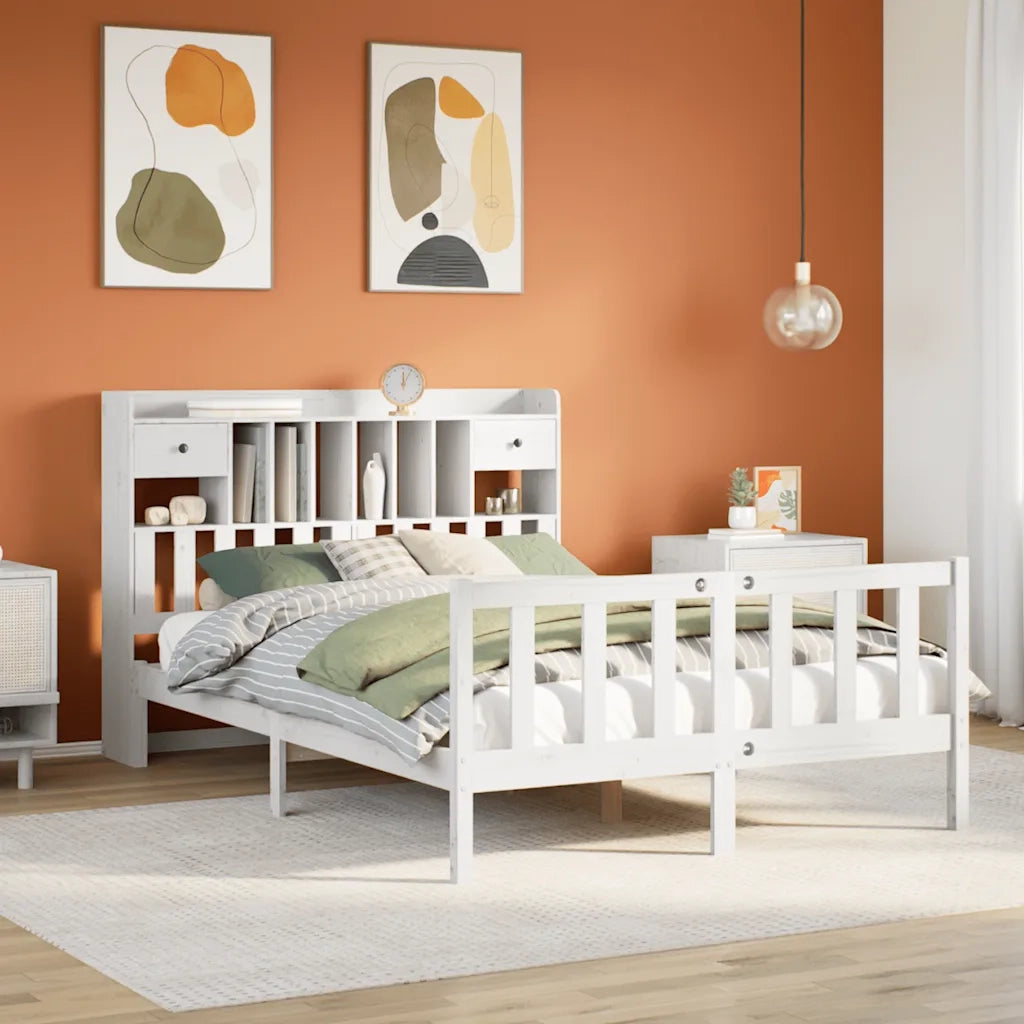 Letto Libreria senza Materasso-Struttura Letto con contenitore Bianco 140x190 cm Legno di Pino 422657