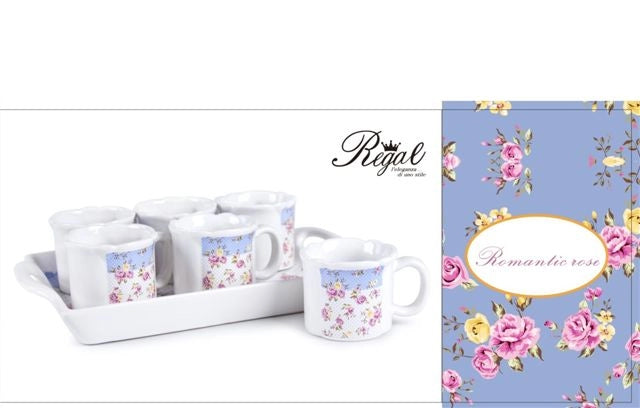 Set 6 Tazzine Tazze da Caffe' con Vassoio Decoro Romantic Rose