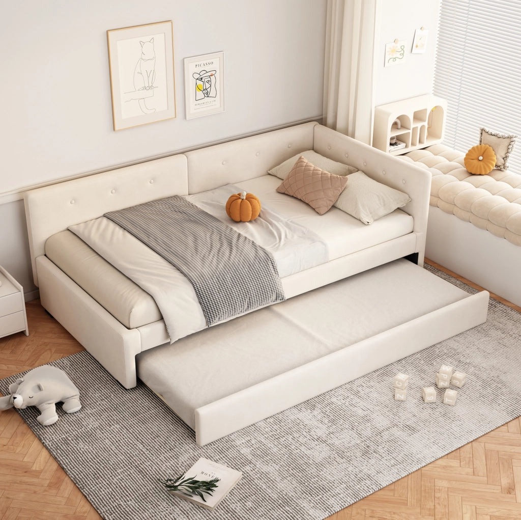 Letto estraibile 90x200 cm in velluto beige, salvaspazio e moderno