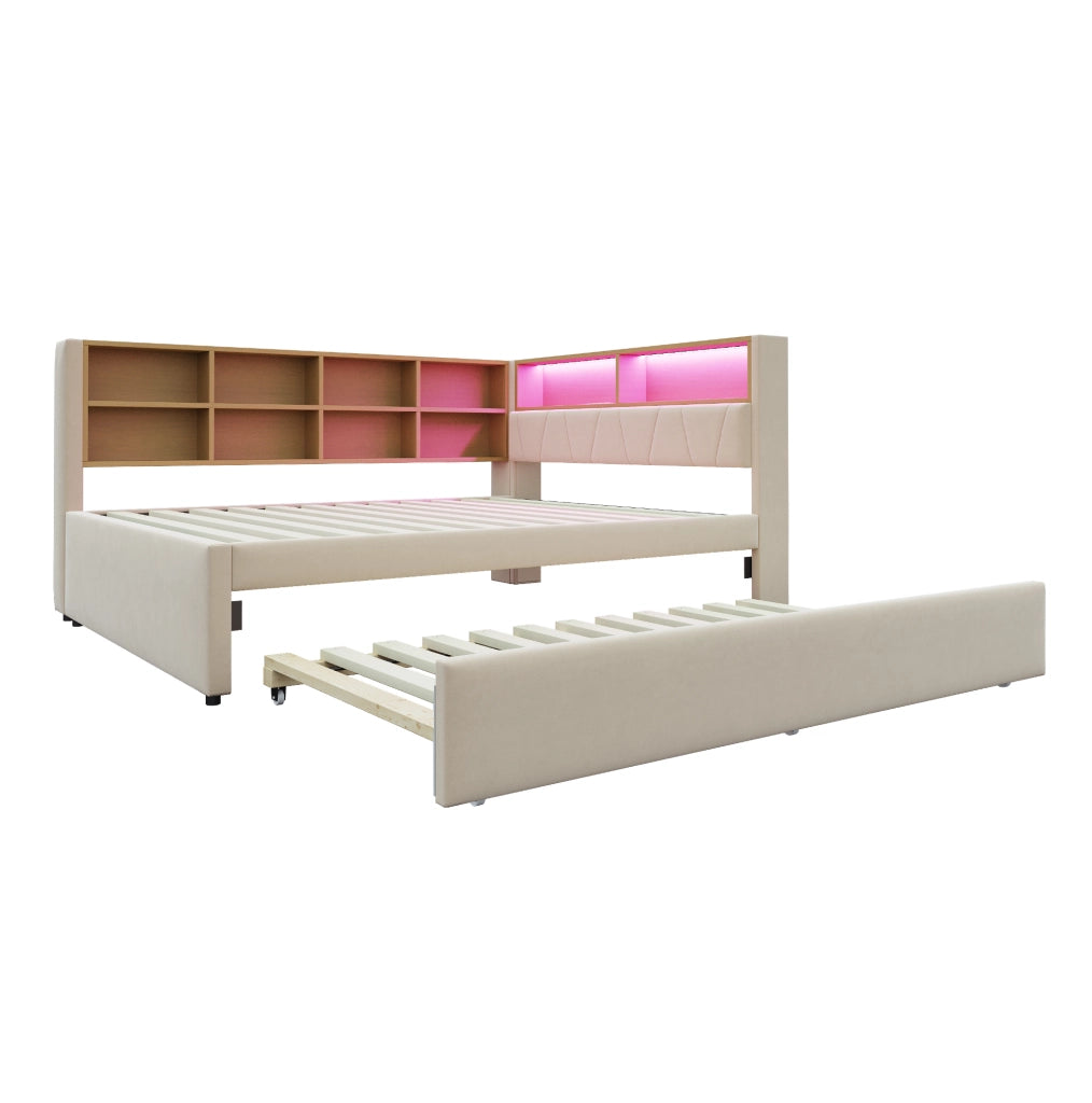 Divano letto multifunzione con letto estraibile, LED, prese integrate e vani portaoggetti
