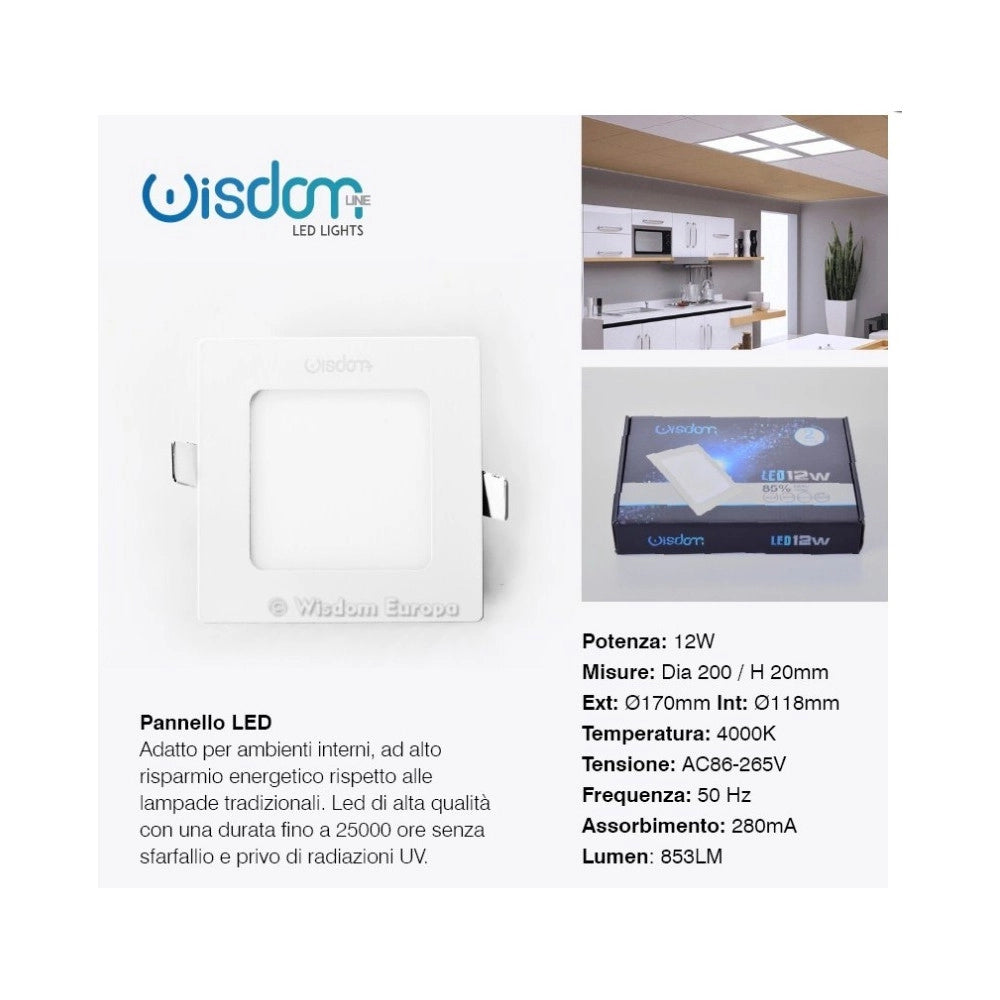 Trade Shop - Pannello A Led Tondo O Quadrato Ad Da Incasso Luce Fredda Calda Neutra Wisdom - -bianco Naturale-12 Watt -quadrato    -