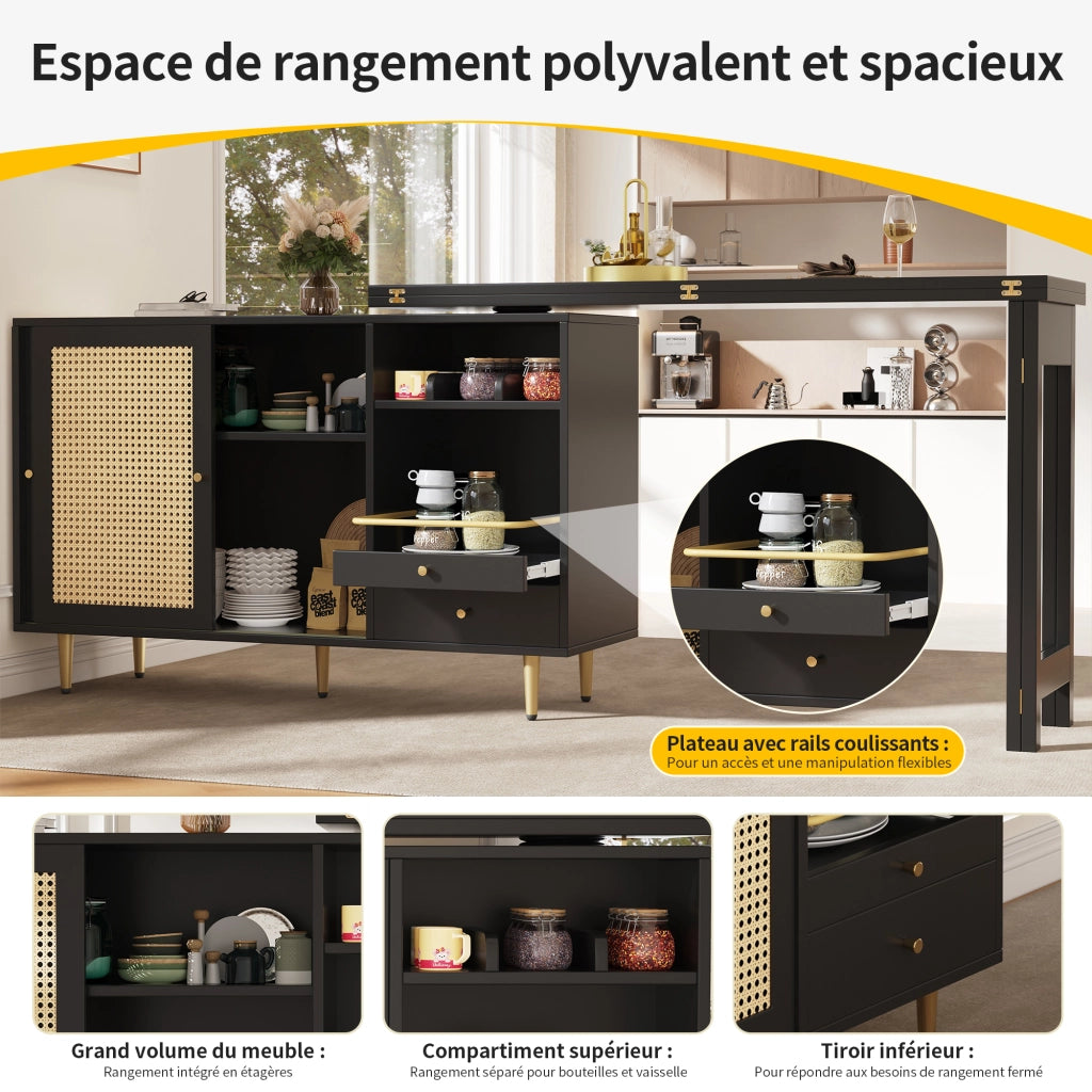Mobile Bar con 1 Anta in Rattan; 1 Cassetto; Piano Girevole a 360° Estensibile; in MDF; 107 x 40 x 71.4 cm; Nero