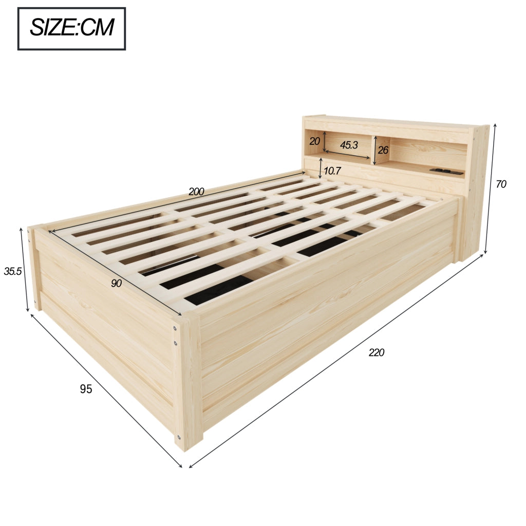 DESMIU Letto contenitore 90 × 200 cm 1 posto con presa, LED regolabile e vani, senza materasso, in MDF, legno