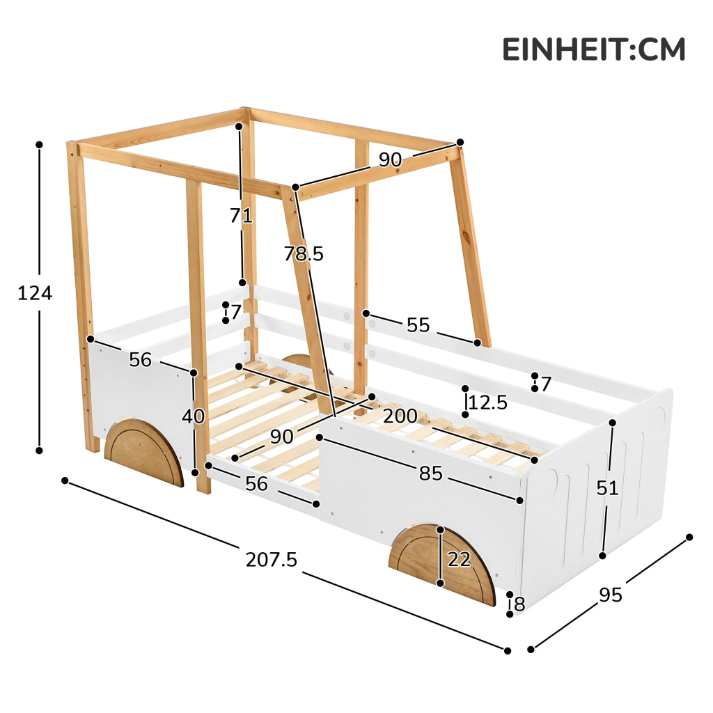 DESMIU Letto per bambini 1 posto con sponde, forma auto e struttura superiore, 90 × 200 cm, senza materasso, bianco