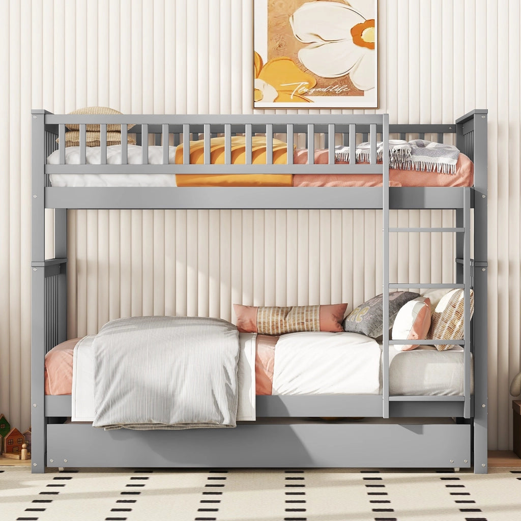 Letto a castello per bambini 90x200 cm - Zephmum - Grigio, 3 posti, letto estraibile, scala stabile