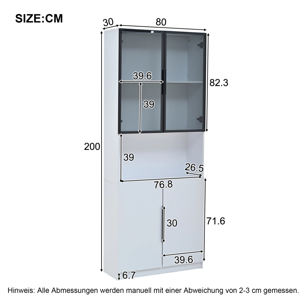 Vetrina con ante in vetro; vano aperto e illuminazione LED - 80x30x200 cm - bianco