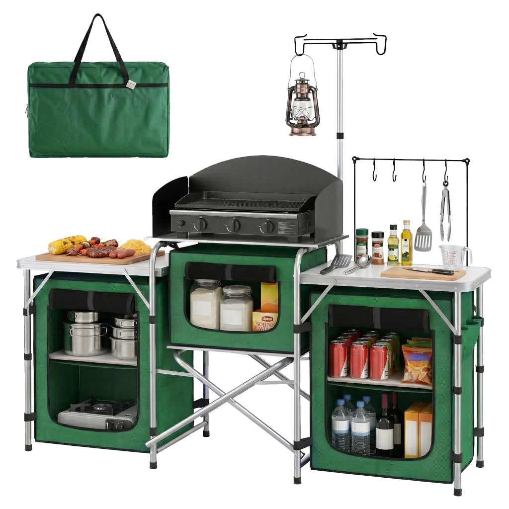 Mobile Cucina Pieghevole da Campeggio ¨C Xylo ¨C 3 Tavoli 4 Ganci Verde 172x48x130cm