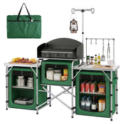 Mobile Cucina Pieghevole da Campeggio ¨C Xylo ¨C 3 Tavoli 4 Ganci Verde 172x48x130cm