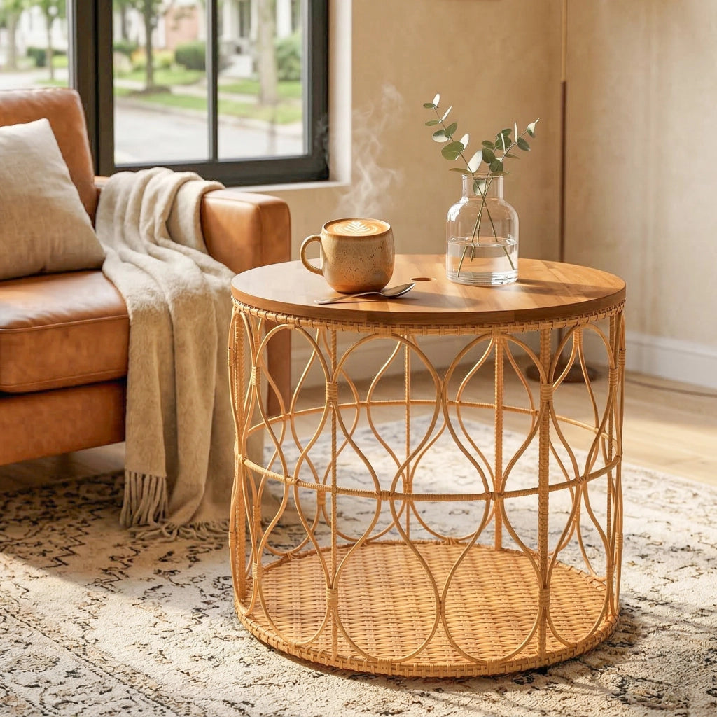Comodino laterale da 50 cm con piano effetto rattan in legno di acacia regolabile in teak